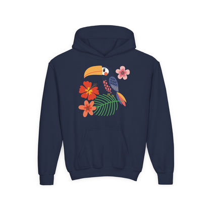 Youth hoodie with vibrant toucan bird design Printify