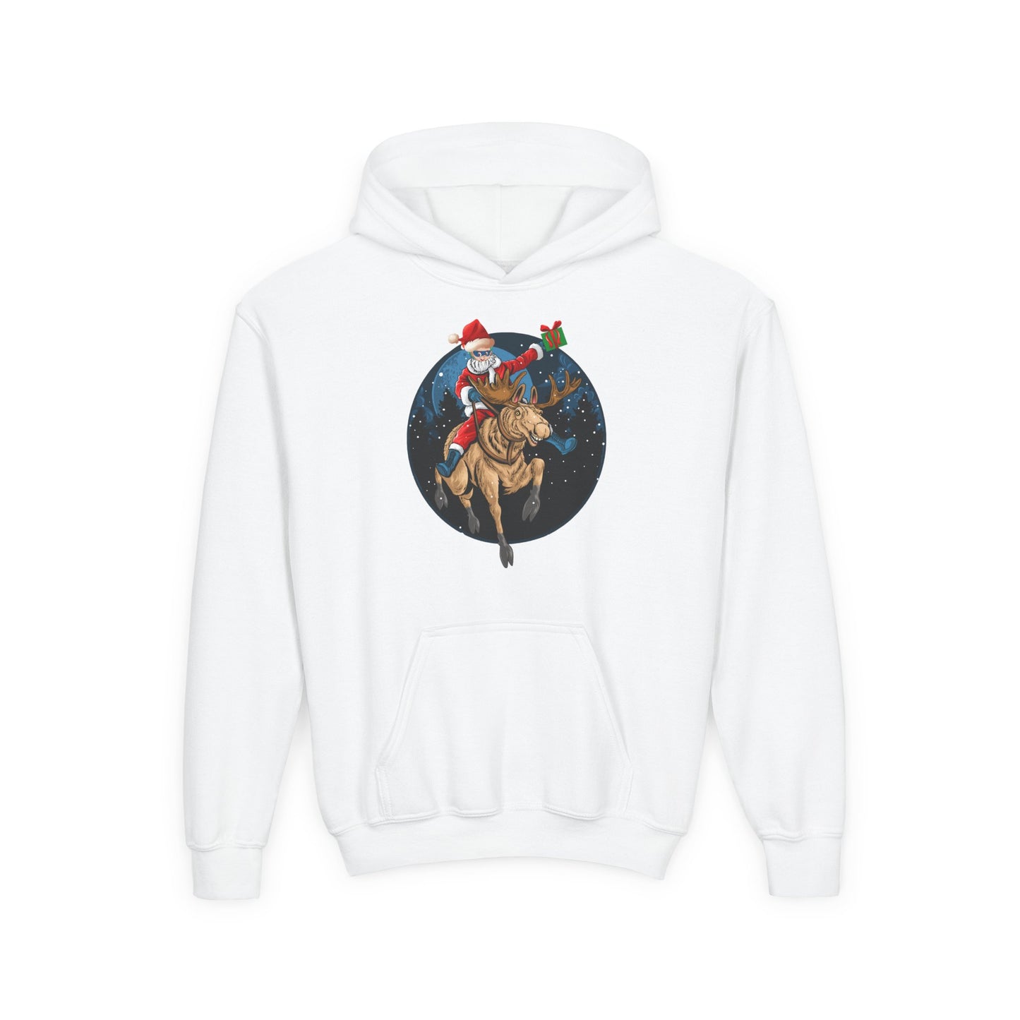 Youth Heavy Blend Hooded Sweatshirt - Super kiddo riding a reindeer