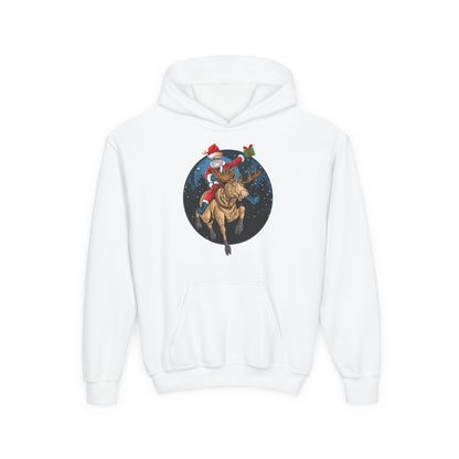 Youth Heavy Blend Hooded Sweatshirt - Super kiddo riding a reindeer - [[{"value":"Wonderwear Kid"}]]