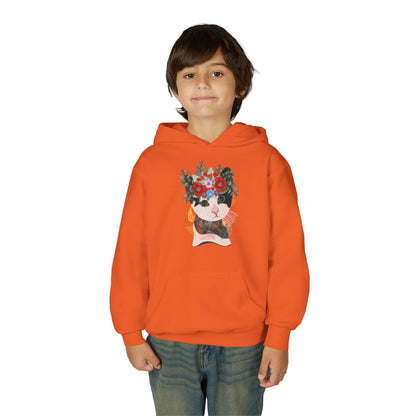 Youth Heavy Blend Hooded Sweatshirt - Lovely cat with crown flower Printify