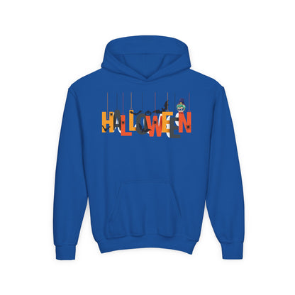 Youth Heavy Blend Hooded Sweatshirt - Holloween hanging letters Printify