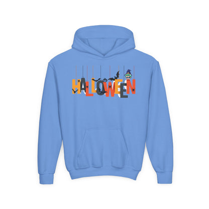 Youth Heavy Blend Hooded Sweatshirt - Holloween hanging letters Printify