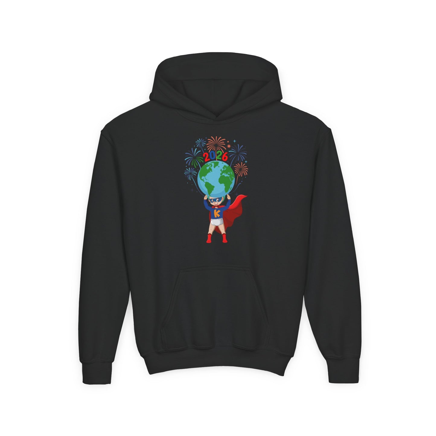 Youth Heavy Blend Hooded Sweatshirt - Super kiddo holding globe