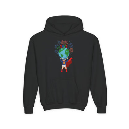 Youth Heavy Blend Hooded Sweatshirt - Super kiddo holding globe - [[{"value":"Wonderwear Kid"}]]