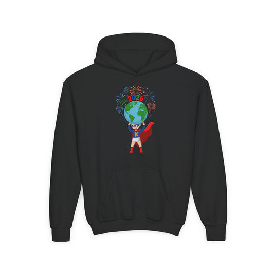 Youth Heavy Blend Hooded Sweatshirt - Super kiddo holding globe