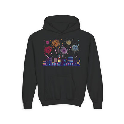 Youth Heavy Blend Hooded Sweatshirt - Super kiddo with fireworks - [[{"value":"Wonderwear Kid"}]]