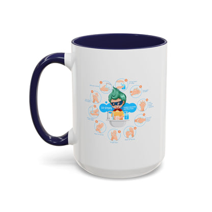 Accent Coffee Mug - Super kiddo hand washing steps - [[{"value":"Wonderwear Kid"}]]