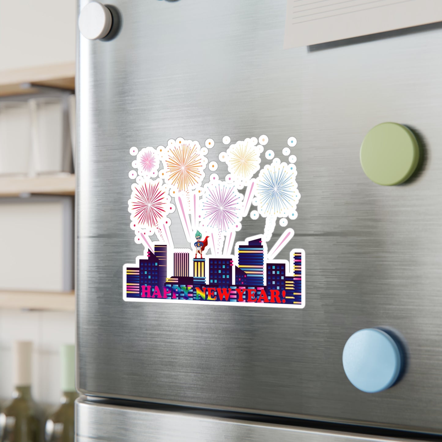 Christmas Kiss-Cut Vinyl Decals – Super kiddo with fireworks with text - [[{"value":"Wonderwear Kid"}]]
