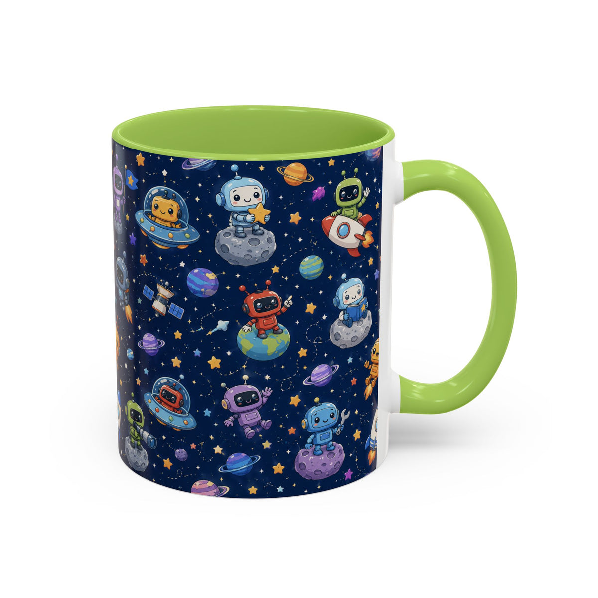 Galactic Robots Accent Coffee Mug — Cute Space Astronaut Pattern (11/15 oz)