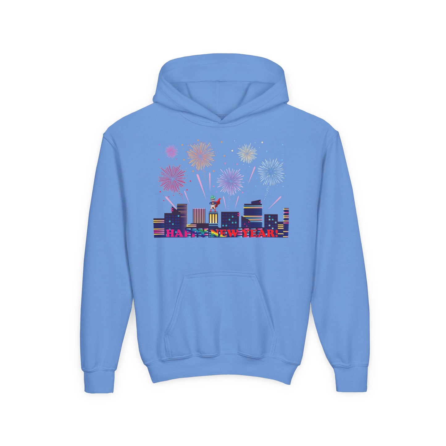 Youth Heavy Blend Hooded Sweatshirt - Super kiddo with fireworks with text