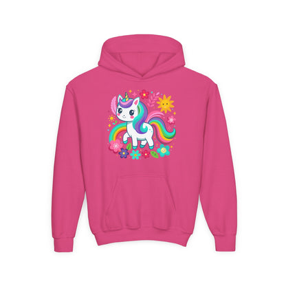 Youth Heavy Blend Hooded Sweatshirt - Unicorn with flowers Printify