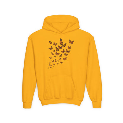 Youth Heavy Blend Hooded Sweatshirt - Group of monarch butterfly Printify