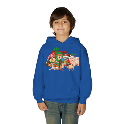 Youth Heavy Blend Hooded Sweatshirt - Christmas with super kiddo pet friends without text - [[{"value":"Wonderwear Kid"}]]