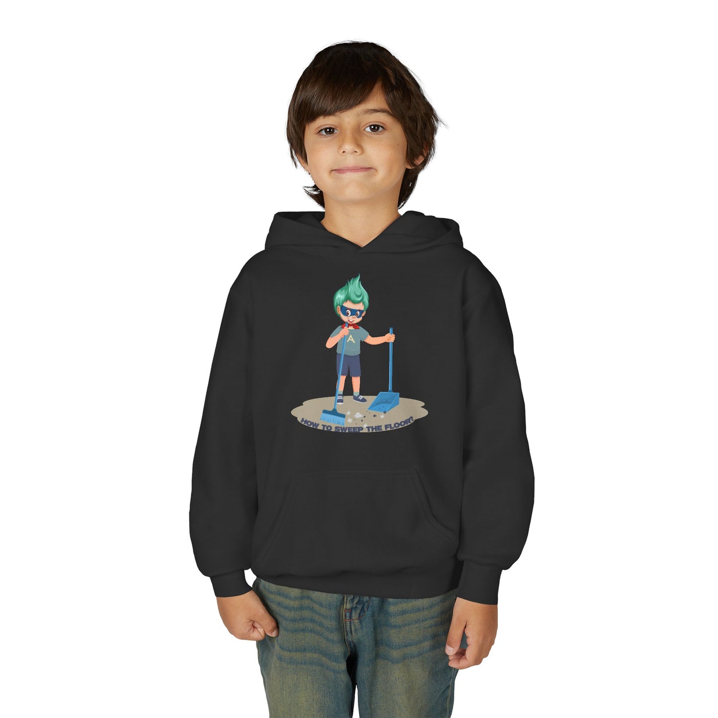 Youth Heavy Blend Hooded Sweatshirt - Super kiddo sweeping floor