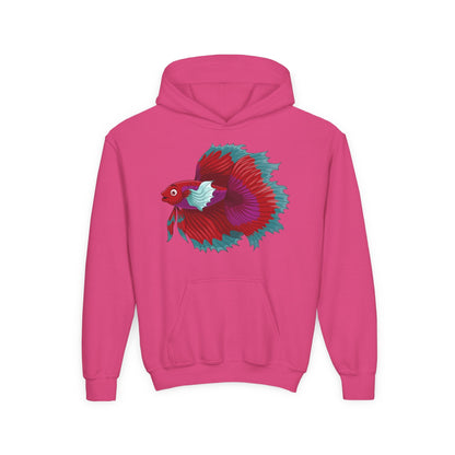 Youth Heavy Blend Hooded Sweatshirt - Red Siamese fighting fish Printify