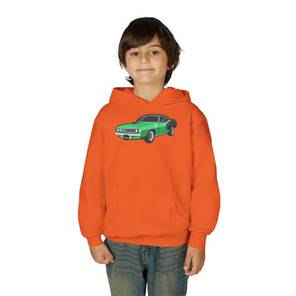 Youth Heavy Blend Hooded Sweatshirt - Vintage green car Printify