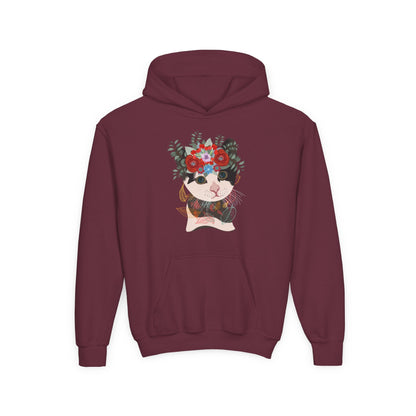 Youth Heavy Blend Hooded Sweatshirt - Lovely cat with crown flower Printify