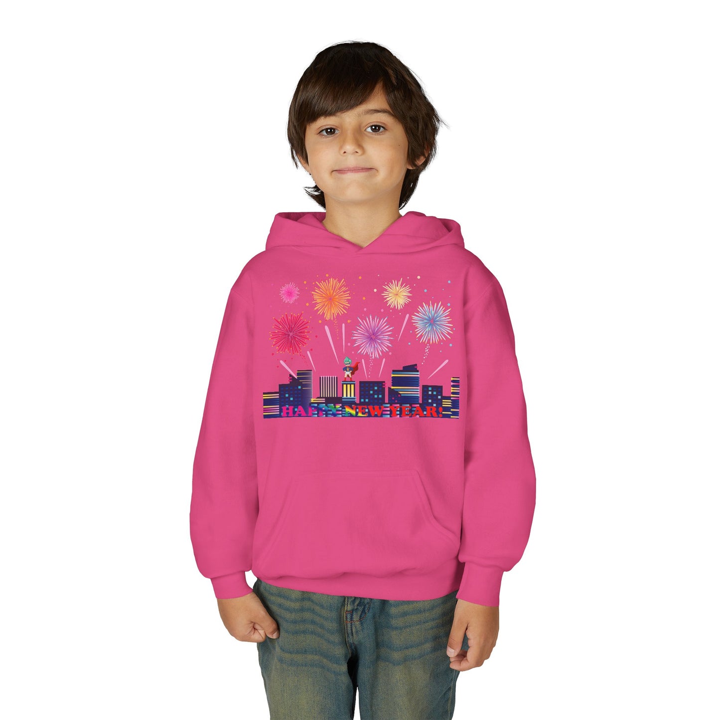 Youth Heavy Blend Hooded Sweatshirt - Super kiddo with fireworks with text