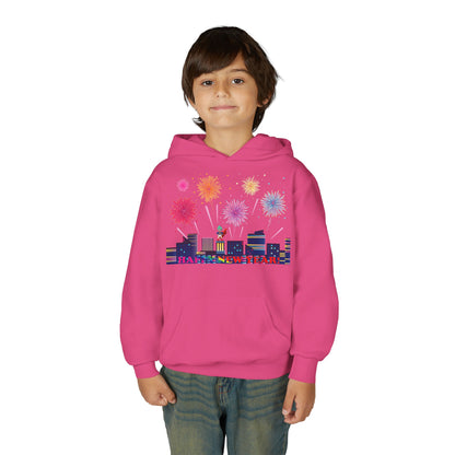 Youth Heavy Blend Hooded Sweatshirt - Super kiddo with fireworks with text - [[{"value":"Wonderwear Kid"}]]