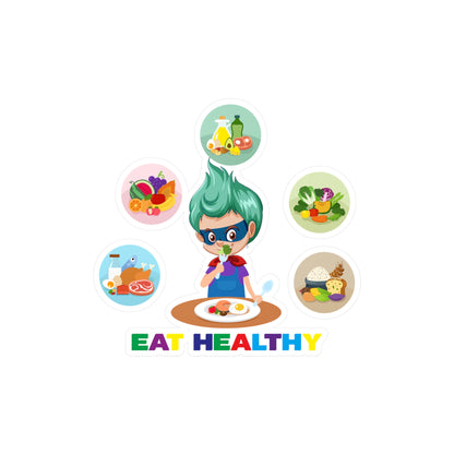 Halloween Kiss-Cut Vinyl Decals – Supper kiddo showing healthy food to eat - [[{"value":"Wonderwear Kid"}]]
