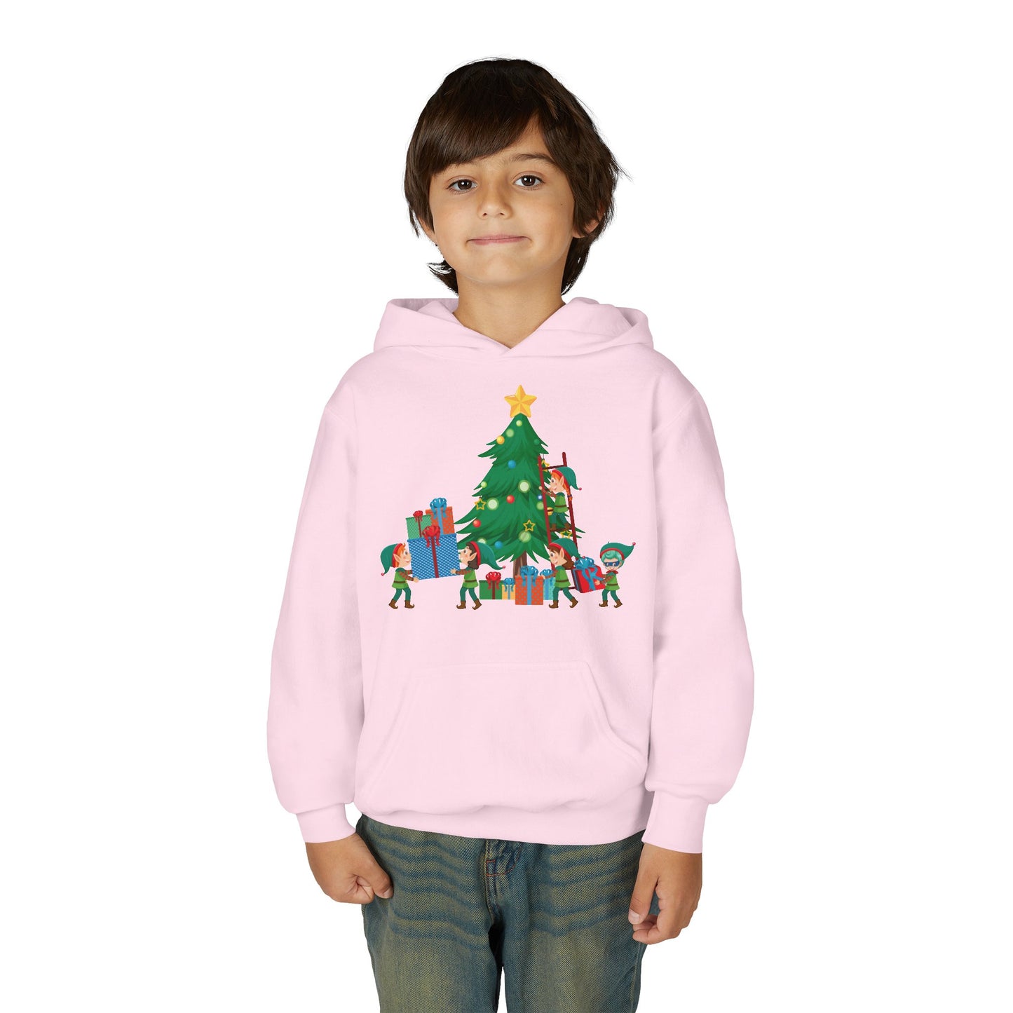 Youth Heavy Blend Hooded Sweatshirt - Super kiddo putting gifts on christmas tree