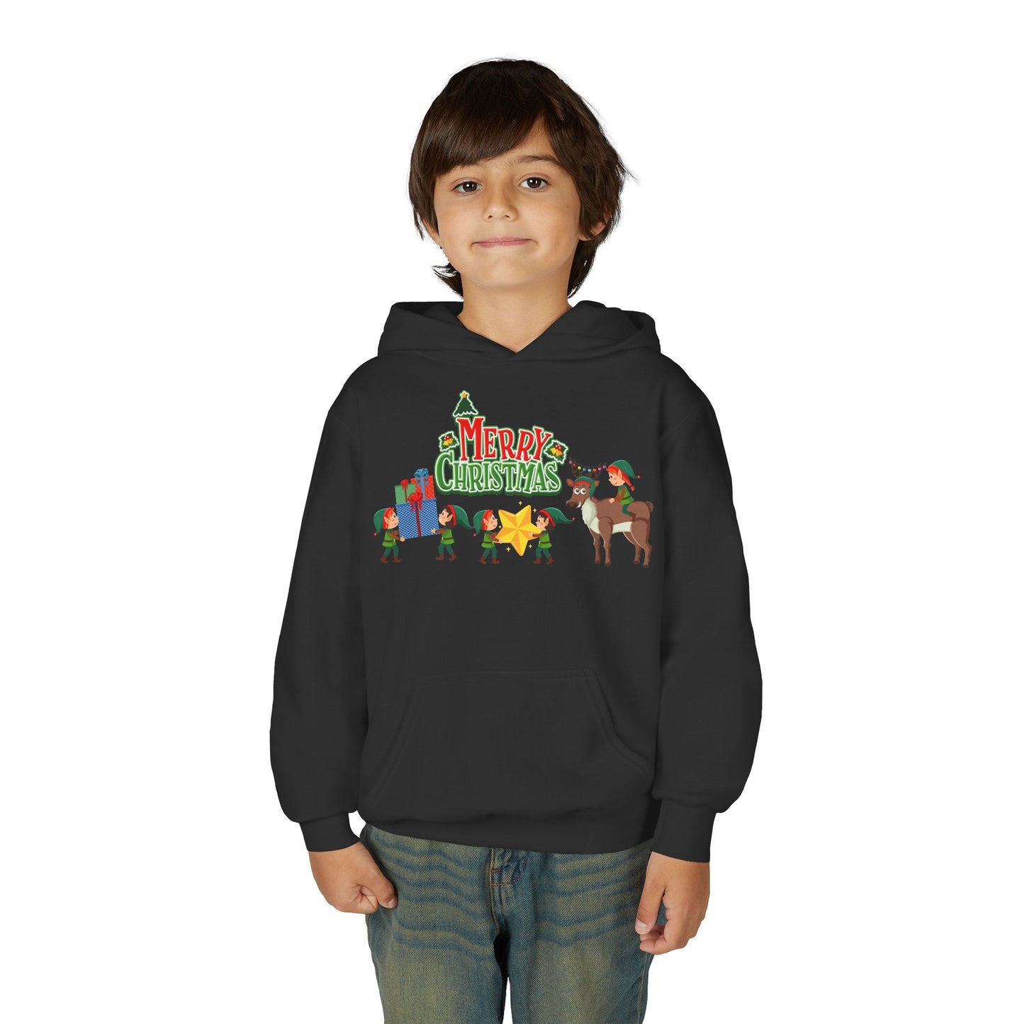 Youth Heavy Blend Hooded Sweatshirt - Merry christmas and reindeer