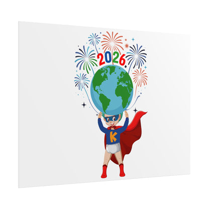 Rolled Posters - Super kiddo holding globe - [[{"value":"Wonderwear Kid"}]]
