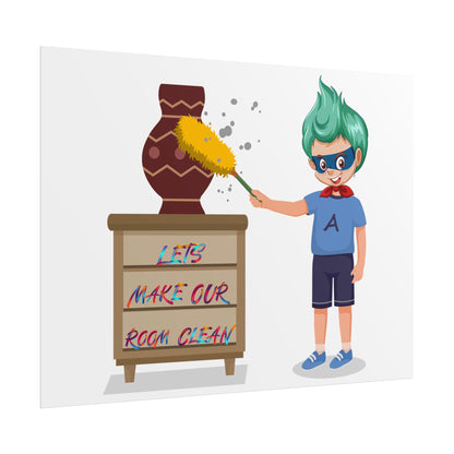 Rolled Posters - Super kiddo cleaning a vase - [[{"value":"Wonderwear Kid"}]]