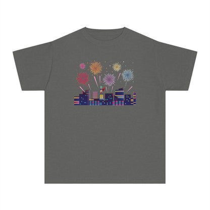 Youth Midweight Tee -  Super kiddo with fireworks - [[{"value":"Wonderwear Kid"}]]