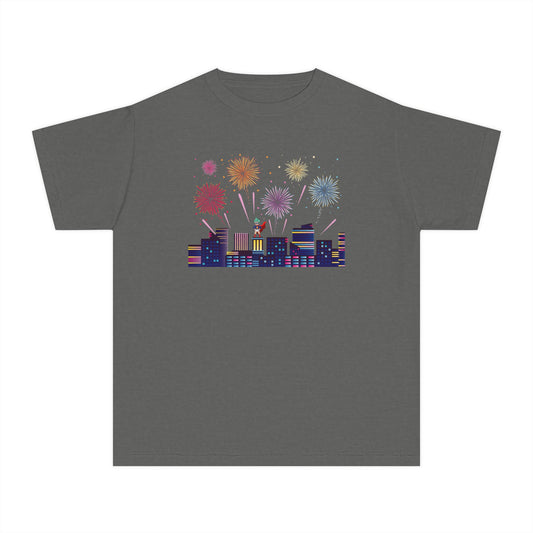 Youth Midweight Tee -  Super kiddo with fireworks - [[{"value":"Wonderwear Kid"}]]
