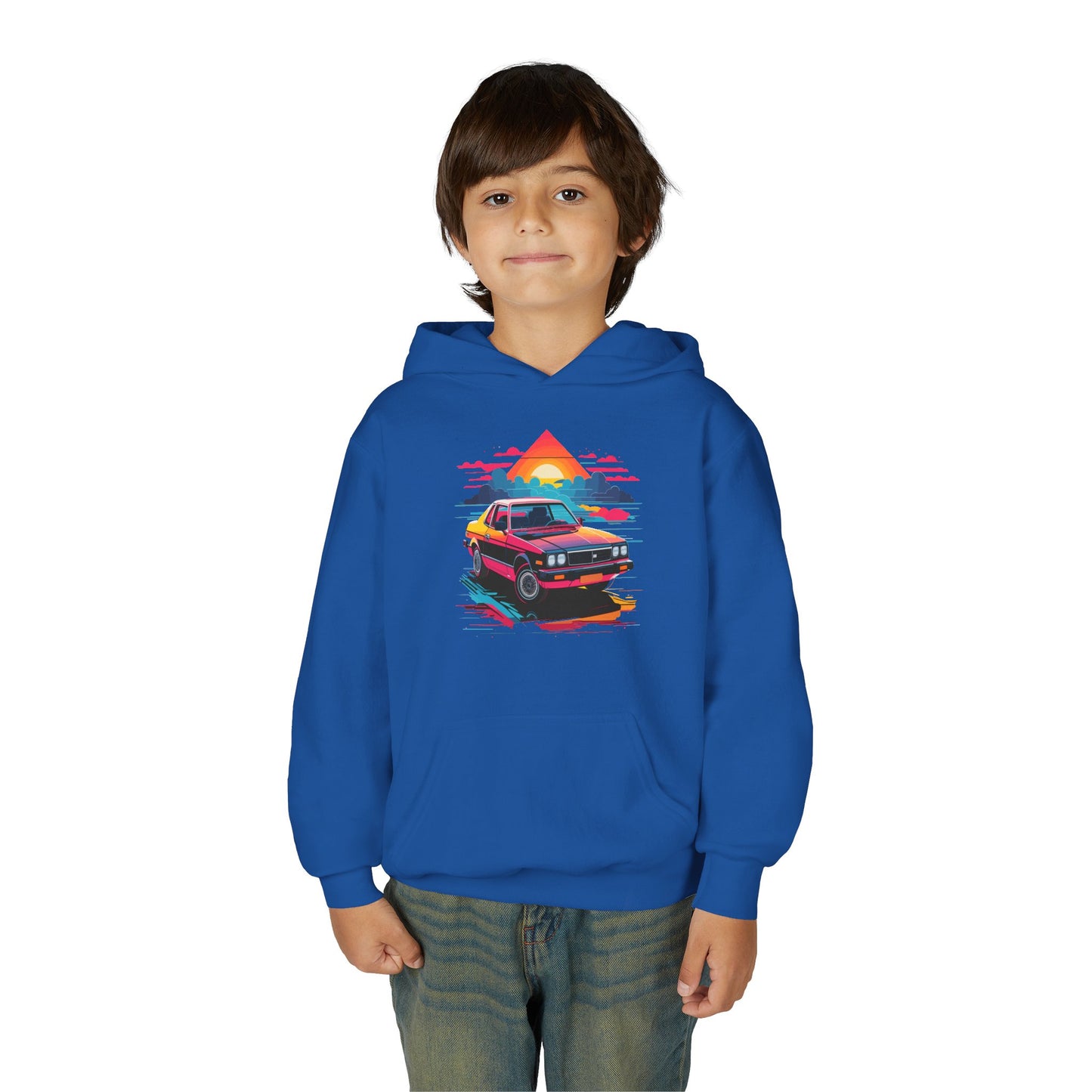 Youth Heavy Blend Hooded Sweatshirt - Retro Car and Sunset