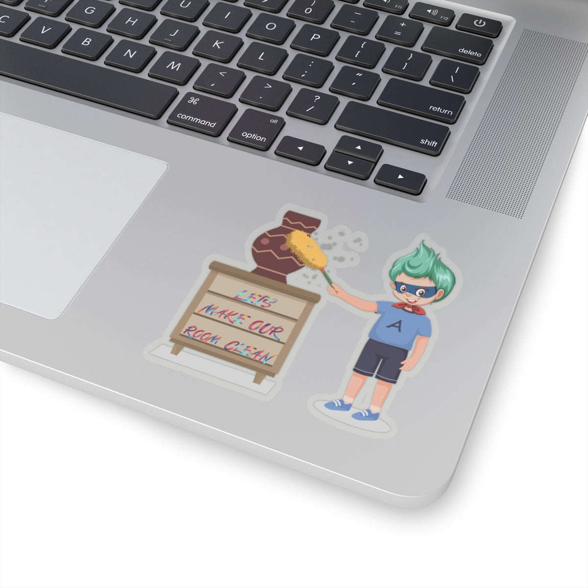 Kiss-Cut Stickers - Super kiddo cleaning a vase - [[{"value":"Wonderwear Kid"}]]