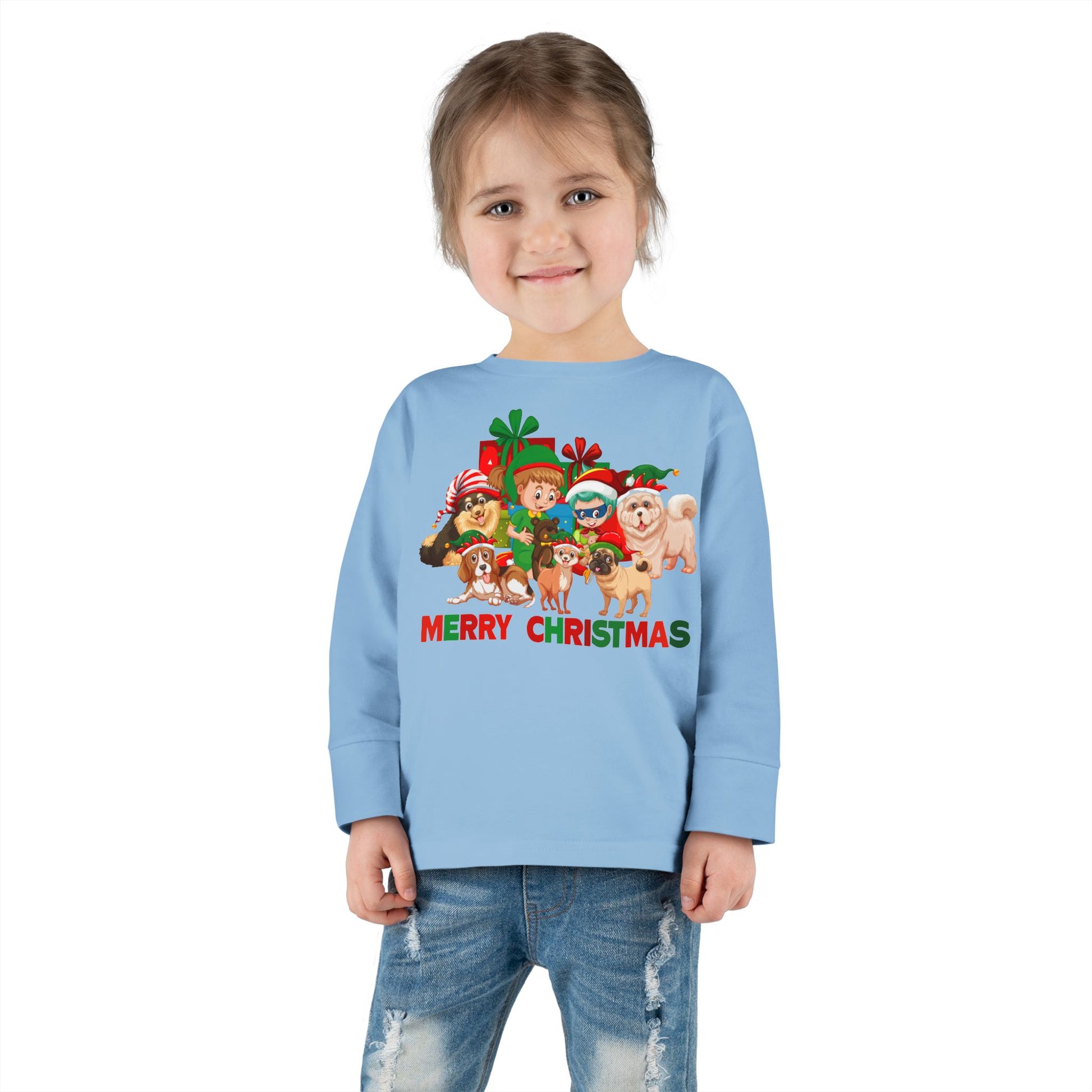 Toddler Long Sleeve Tee - Christmas with super kiddo pet friends with text - [[{"value":"Wonderwear Kid"}]]