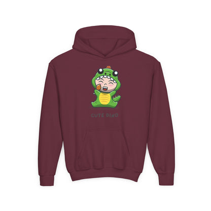Youth Heavy Blend Hooded Sweatshirt - Green Cute Dino Printify