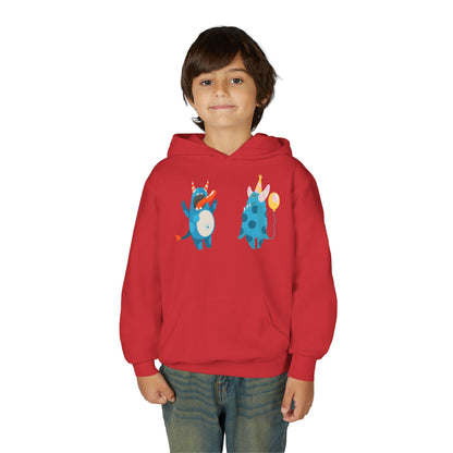 Youth Heavy Blend Hooded Sweatshirt - Blue monsters in action Printify