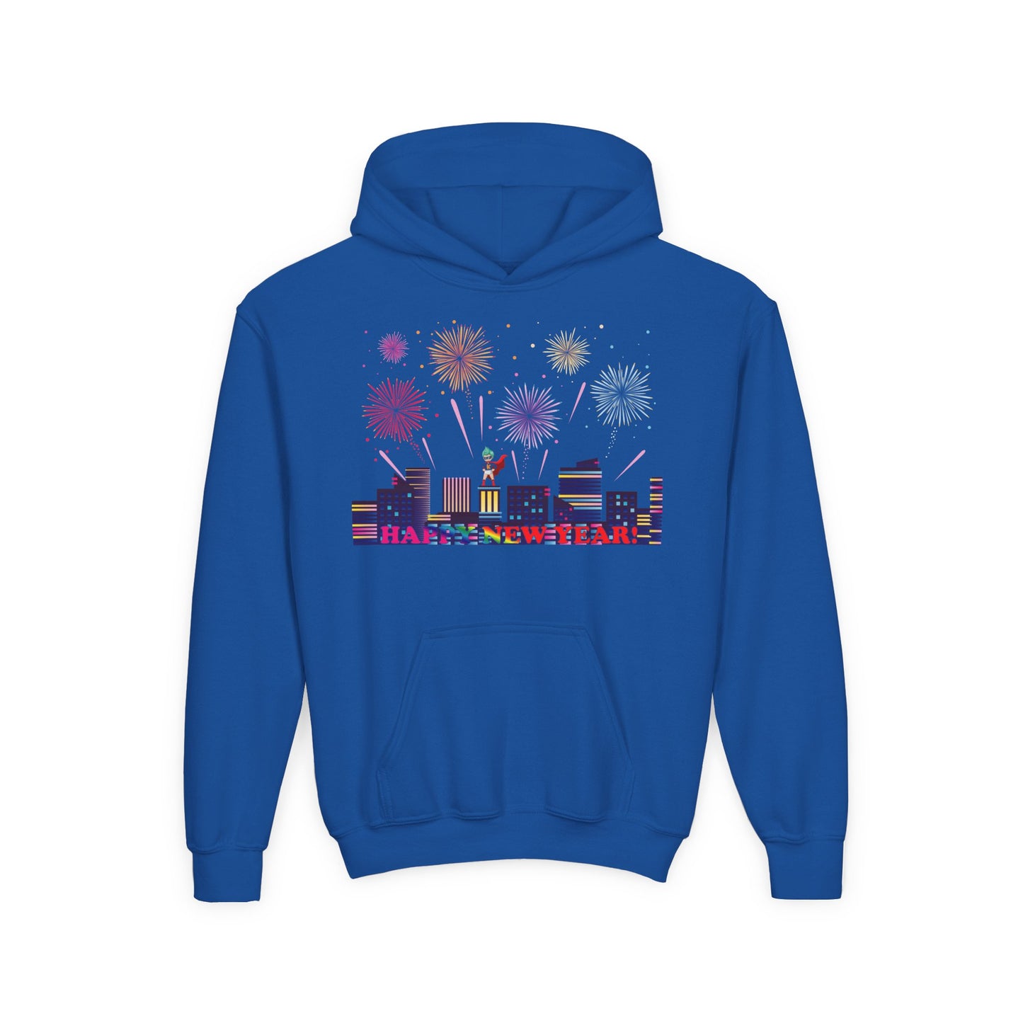 Youth Heavy Blend Hooded Sweatshirt - Super kiddo with fireworks with text