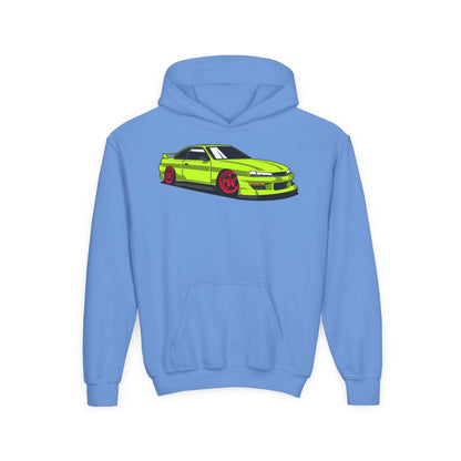 Youth Heavy Blend Hooded Sweatshirt - Yellow green race car Printify