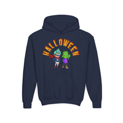 Youth Heavy Blend Hooded Sweatshirt - Holloween with super kiddo Printify