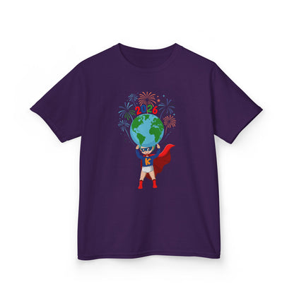 Kids Heavy Cotton™ Tee - Super kiddo holding globe - [[{"value":"Wonderwear Kid"}]]