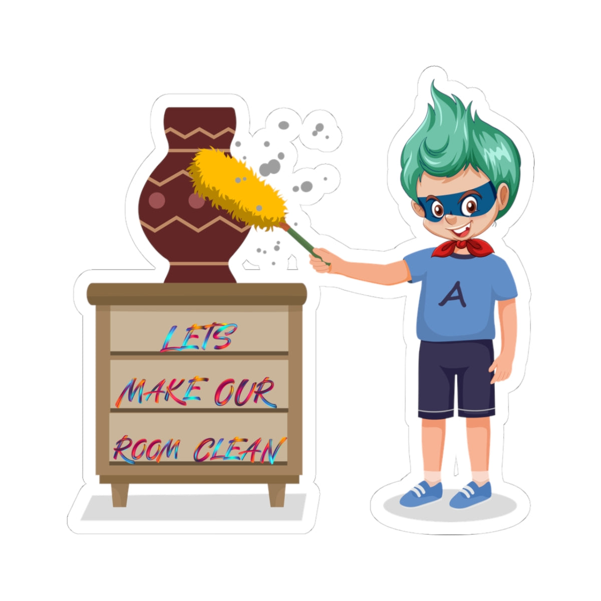 Kiss-Cut Stickers - Super kiddo cleaning a vase - [[{"value":"Wonderwear Kid"}]]