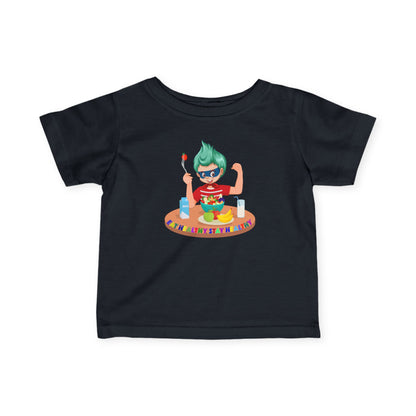 Infant Fine Jersey Tee - super kiddo eating healthy food - [[{"value":"Wonderwear Kid"}]]