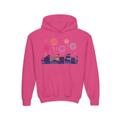 Youth Heavy Blend Hooded Sweatshirt - Super kiddo with fireworks - [[{"value":"Wonderwear Kid"}]]