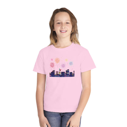 Youth Midweight Tee -  Super kiddo with fireworks - [[{"value":"Wonderwear Kid"}]]