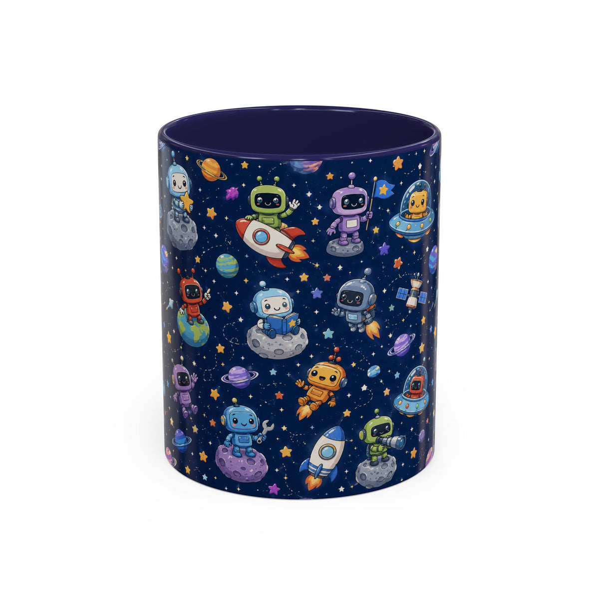 Galactic Robots Accent Coffee Mug — Cute Space Astronaut Pattern (11/15 oz)