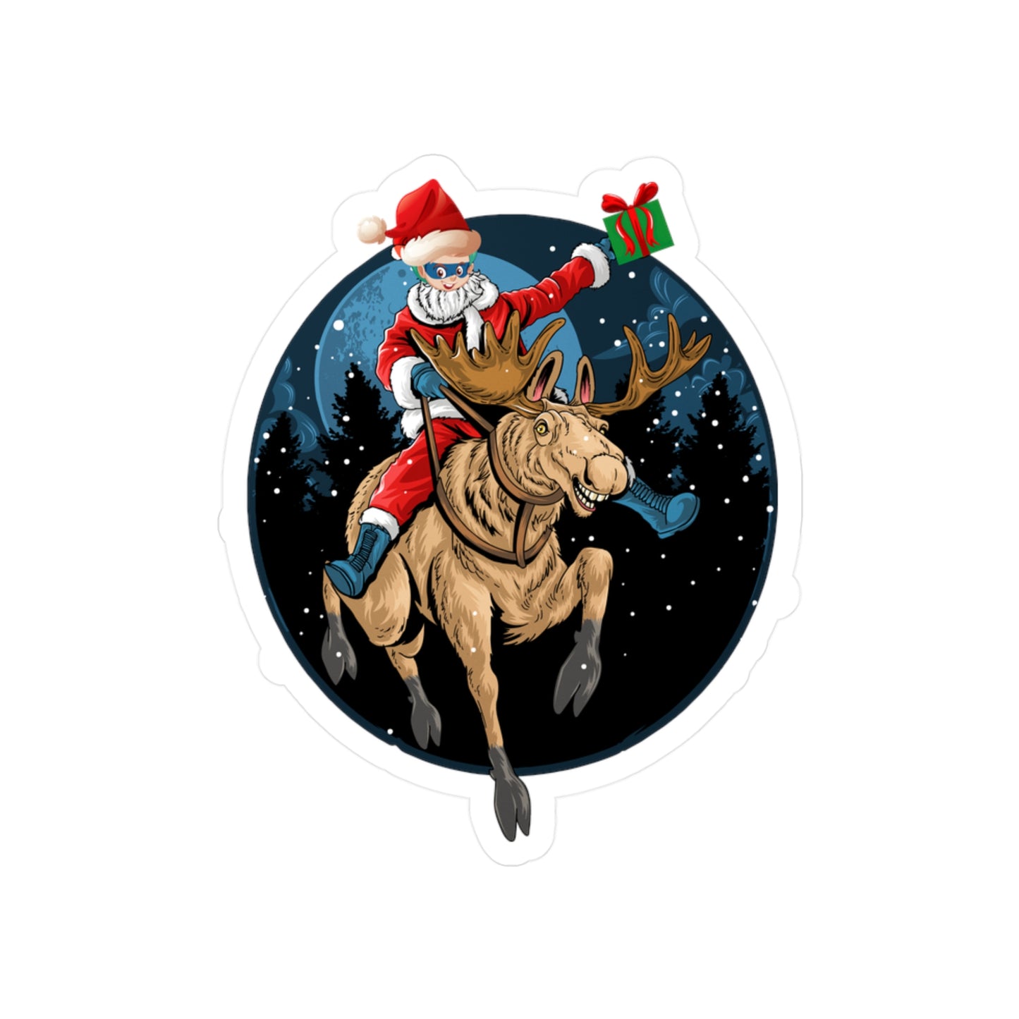 Christmas Kiss-Cut Vinyl Decals – Super kiddo riding a reindeer - [[{"value":"Wonderwear Kid"}]]