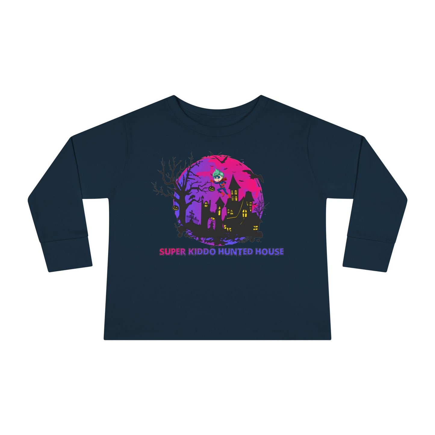 Toddler Long Sleeve Tee - Super kiddo flying on hunted house