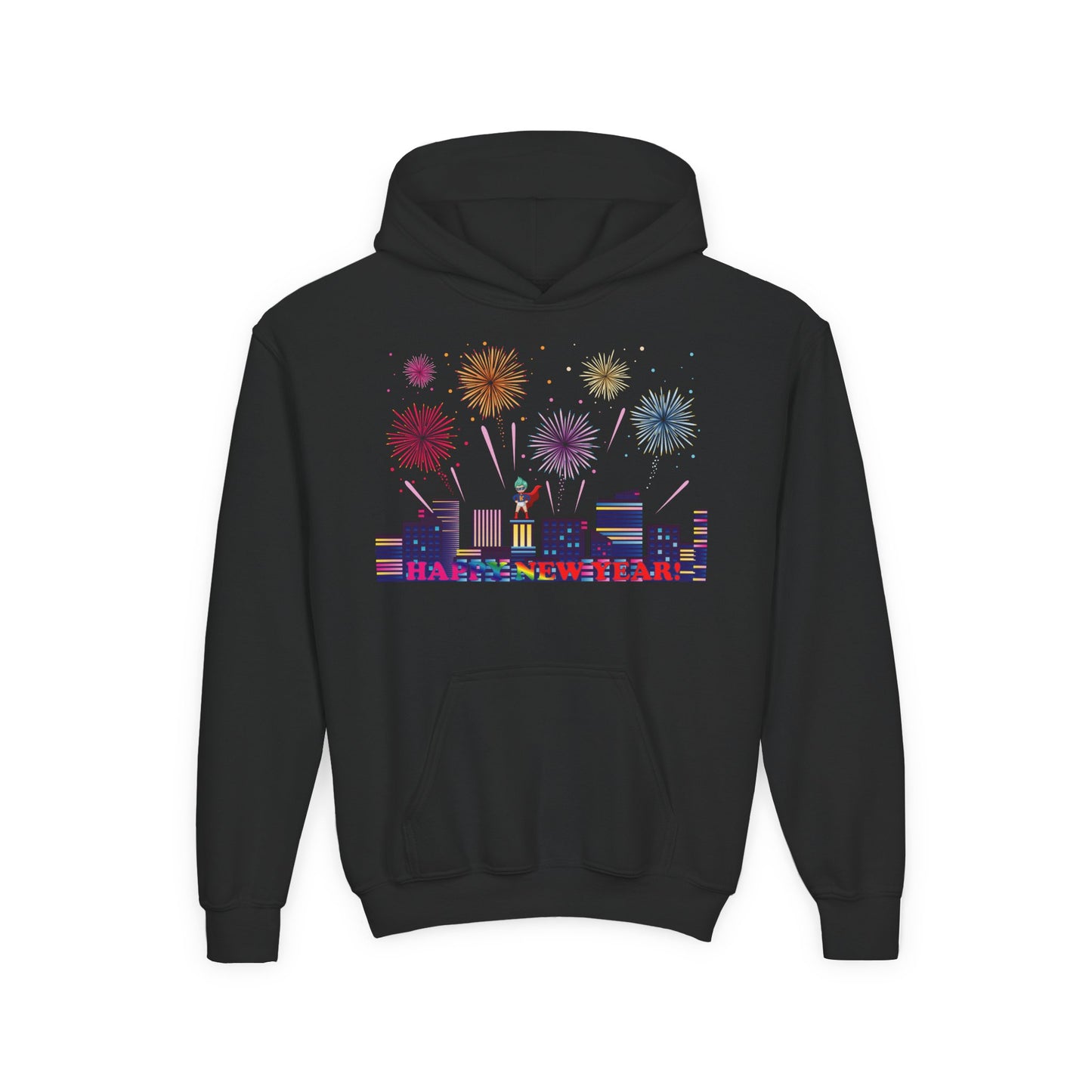 Youth Heavy Blend Hooded Sweatshirt - Super kiddo with fireworks with text