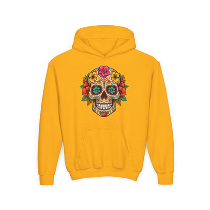 Youth Heavy Blend Hooded Sweatshirt - Colorful Skull Floral Printify