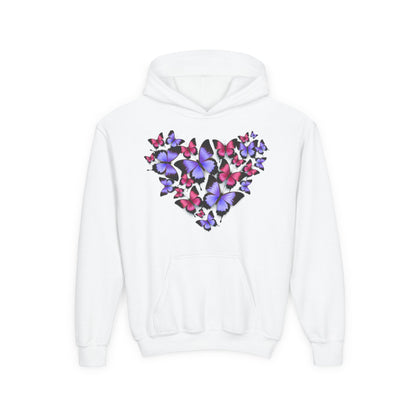 Youth Heavy Blend Hooded Sweatshirt -  Heart shape monarch butterfly Printify