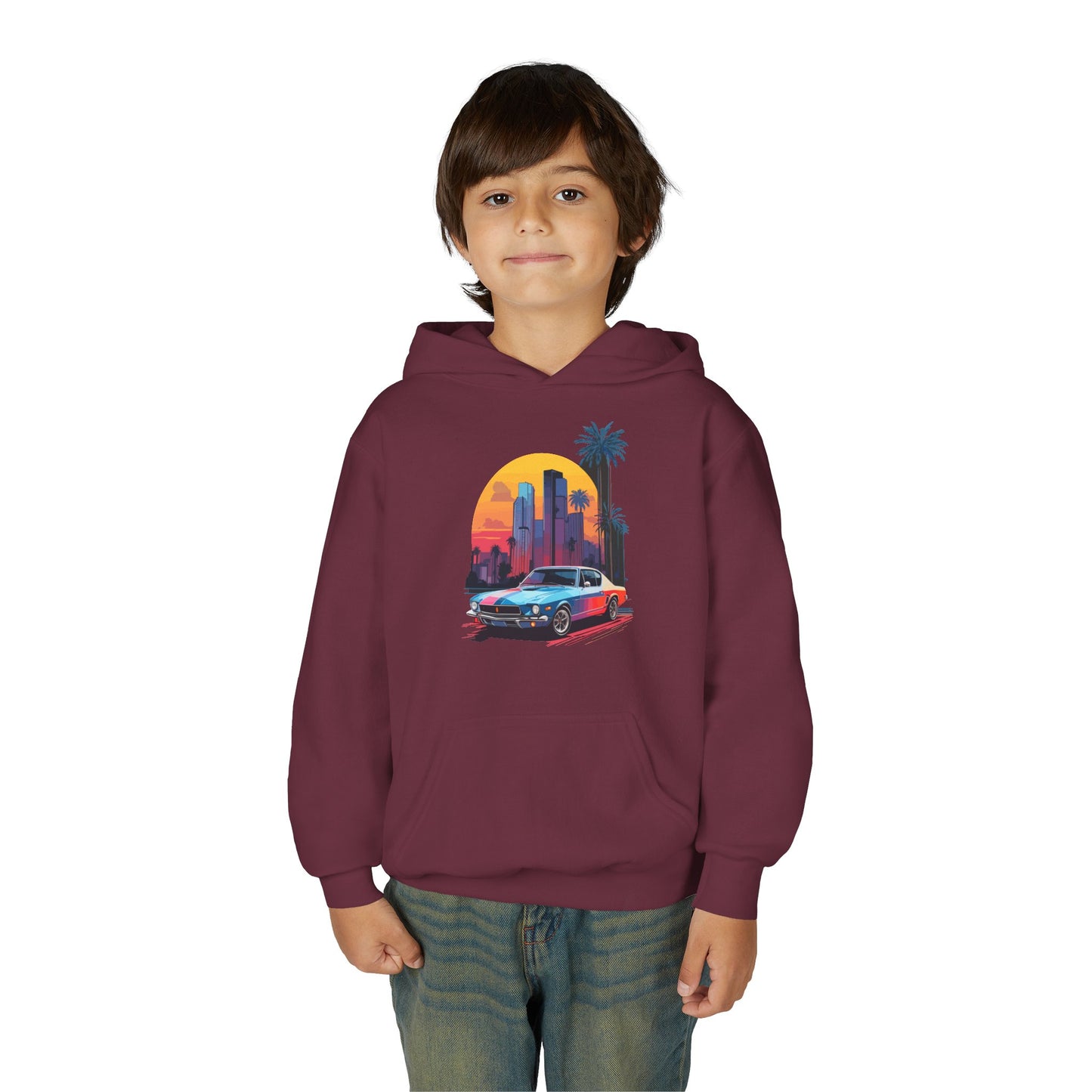 Youth Heavy Blend Hooded Sweatshirt - Vintage Car Sunset